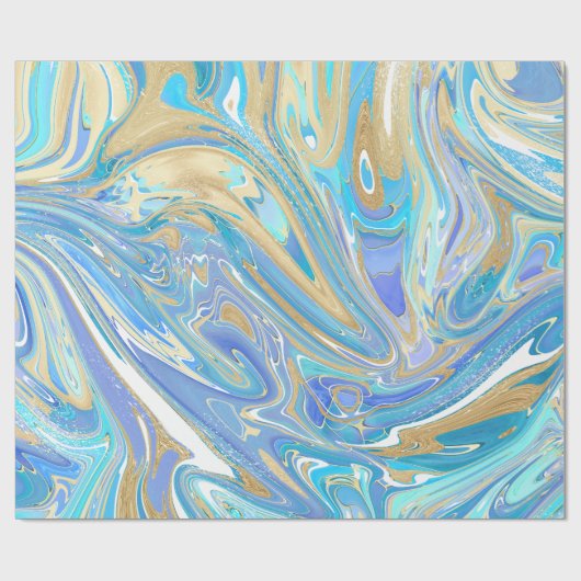 Pearlescent Aqua & Gold Liquid Marble Cadeaupapier (Vlak)