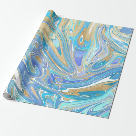 Pearlescent Aqua & Gold Liquid Marble Cadeaupapier (Uitgerold)