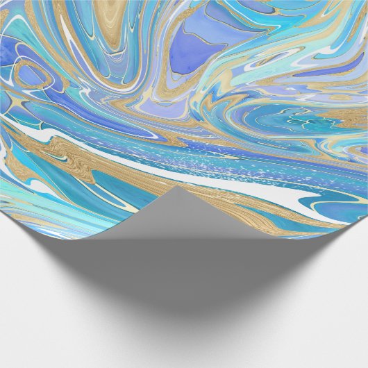 Pearlescent Aqua & Gold Liquid Marble Cadeaupapier (Hoek)