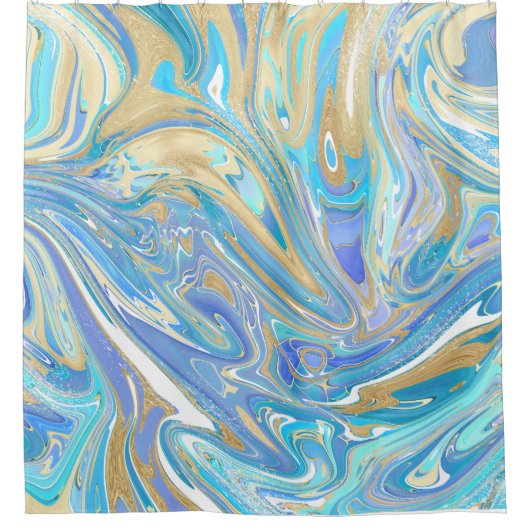 Pearlescent Aqua & Gold Liquid Marble Douchegordijn (Voorkant)