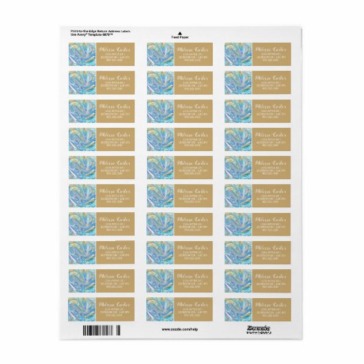 Pearlescent Aqua & Gold Liquid Marble Etiket (Full Sheet)