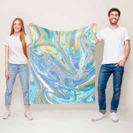 Pearlescent Aqua & Gold Liquid Marble Fleece Deken
