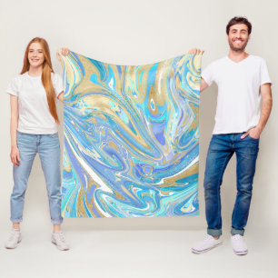 Pearlescent Aqua & Gold Liquid Marble Fleece Deken