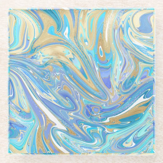 Pearlescent Aqua & Gold Liquid Marble Glazen Onderzetter (Voorkant)