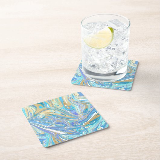 Pearlescent Aqua & Gold Liquid Marble Kartonnen Onderzetters (Insitu)
