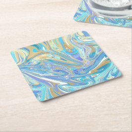 Pearlescent Aqua & Gold Liquid Marble Kartonnen Onderzetters