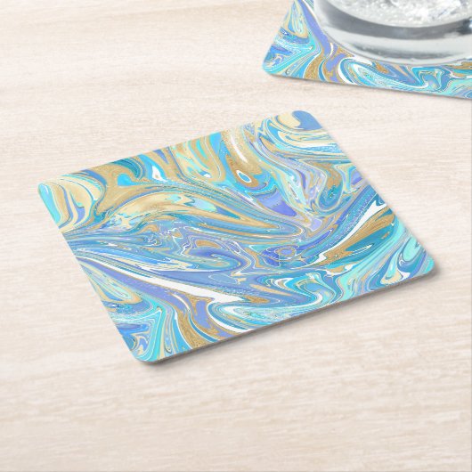 Pearlescent Aqua & Gold Liquid Marble Kartonnen Onderzetters (Schuin)
