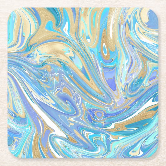 Pearlescent Aqua & Gold Liquid Marble Kartonnen Onderzetters (Voorkant)