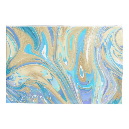 Pearlescent Aqua & Gold Liquid Marble Kussensloop (Achterkant)