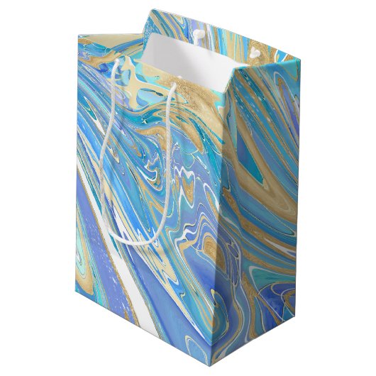 Pearlescent Aqua & Gold Liquid Marble Medium Cadeauzakje (Achterkant Gekanteld)