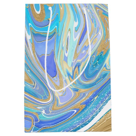 Pearlescent Aqua & Gold Liquid Marble Medium Cadeauzakje (Voorkant)