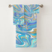 Pearlescent Aqua & Gold Liquid Marble & Monogram Bad Handdoek (Insitu)