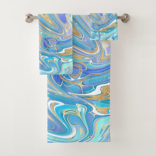 Pearlescent Aqua & Gold Liquid Marble & Monogram Bad Handdoek (Insitu)
