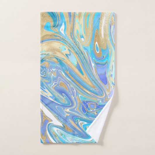Pearlescent Aqua & Gold Liquid Marble & Monogram Bad Handdoek (Handdoek)