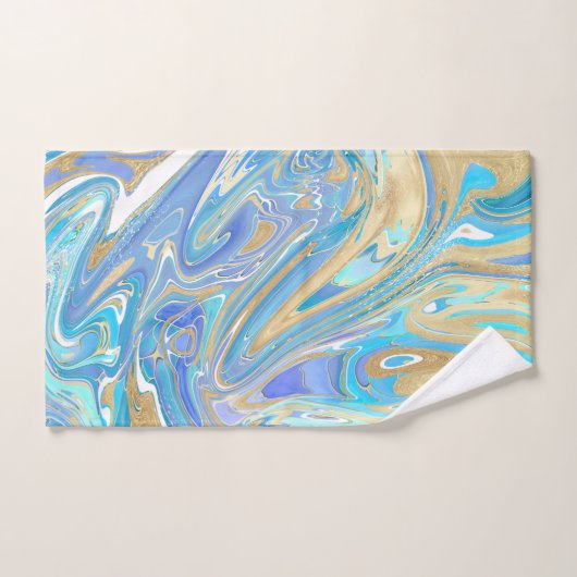 Pearlescent Aqua & Gold Liquid Marble & Monogram Bad Handdoek (Handdoek)