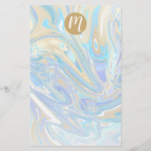 Pearlescent Aqua & Gold Liquid Marble & Monogram Briefpapier (Achterkant)