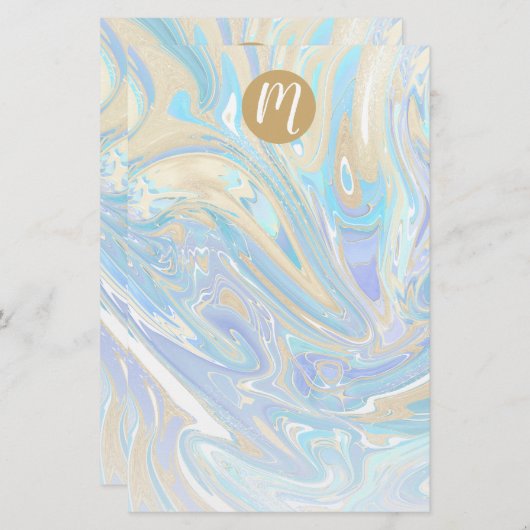 Pearlescent Aqua & Gold Liquid Marble & Monogram Briefpapier (Voorkant / Achterkant)