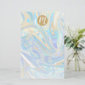 Pearlescent Aqua & Gold Liquid Marble & Monogram Briefpapier (Staand voorkant)