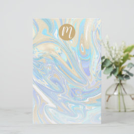Pearlescent Aqua & Gold Liquid Marble & Monogram Briefpapier