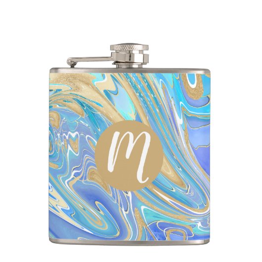 Pearlescent Aqua & Gold Liquid Marble & Monogram Heupfles (Voorkant)