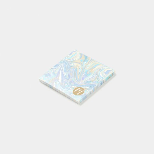 Pearlescent Aqua & Gold Liquid Marble & Monogram Post-it® Notes (Schuin)