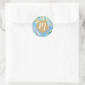 Pearlescent Aqua & Gold Liquid Marble & Monogram Ronde Sticker (Tas)