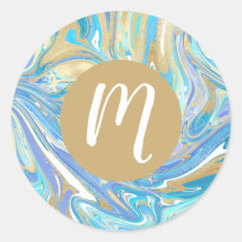 Pearlescent Aqua & Gold Liquid Marble & Monogram Ronde Sticker