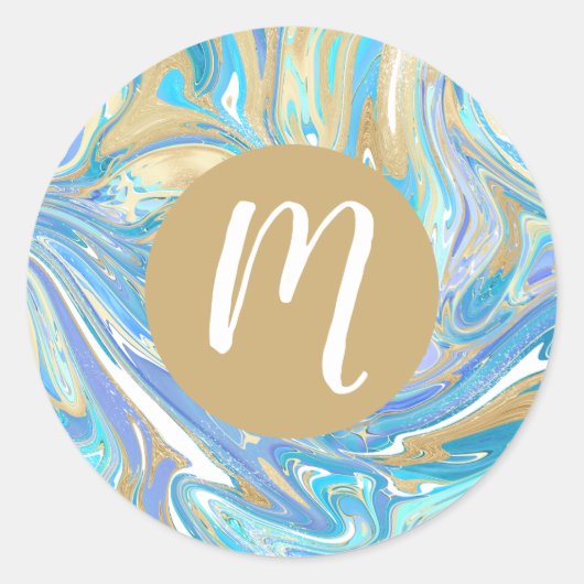 Pearlescent Aqua & Gold Liquid Marble & Monogram Ronde Sticker (Voorkant)