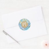 Pearlescent Aqua & Gold Liquid Marble & Monogram Ronde Sticker (Envelop)