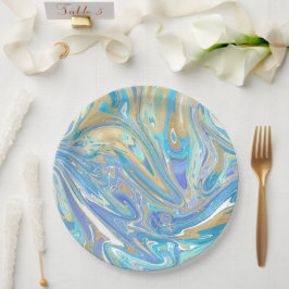 Pearlescent Aqua & Gold Liquid Marble Papieren Bordje