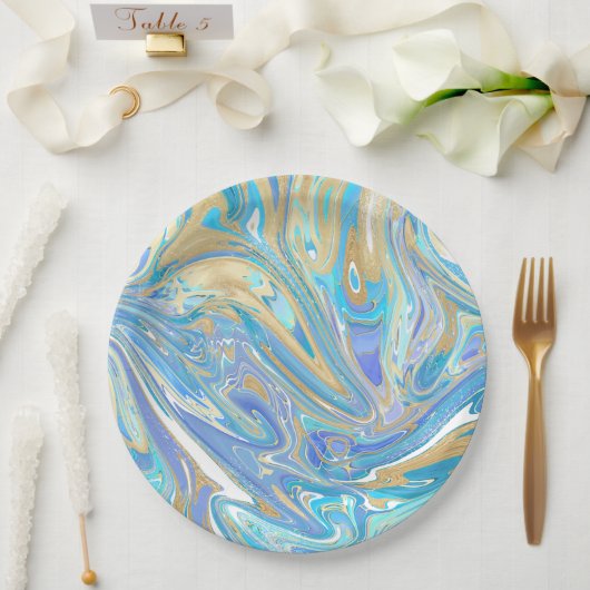 Pearlescent Aqua & Gold Liquid Marble Papieren Bordje (Huwelijk)