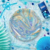 Pearlescent Aqua & Gold Liquid Marble Papieren Bordje (Feest)