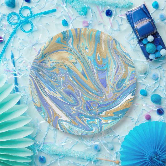 Pearlescent Aqua & Gold Liquid Marble Papieren Bordje (Feest)