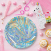 Pearlescent Aqua & Gold Liquid Marble Papieren Bordje (Feest)