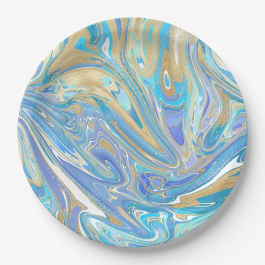 Pearlescent Aqua & Gold Liquid Marble Papieren Bordje (Voorkant)
