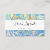 Pearlescent Aqua & Gold Liquid Marble QR code Visitekaartje (Voorkant)