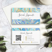 Pearlescent Aqua & Gold Liquid Marble QR code Visitekaartje
