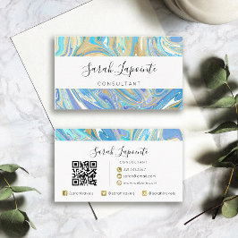 Pearlescent Aqua & Gold Liquid Marble QR code Visitekaartje