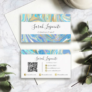 Pearlescent Aqua & Gold Liquid Marble QR code Visitekaartje