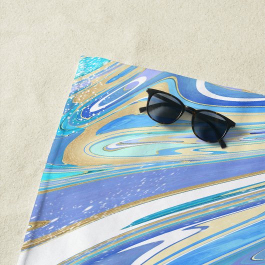 Pearlescent Aqua & Gold Liquid Marble Strandlaken (In situ)