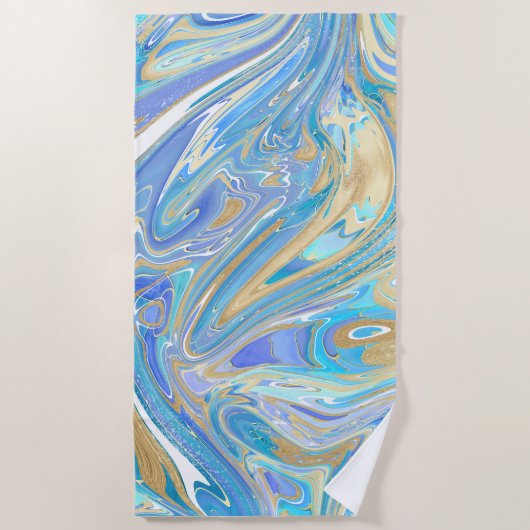 Pearlescent Aqua & Gold Liquid Marble Strandlaken (Voorkant)