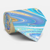 Pearlescent Aqua & Gold Liquid Marble Stropdas (Opgerold)
