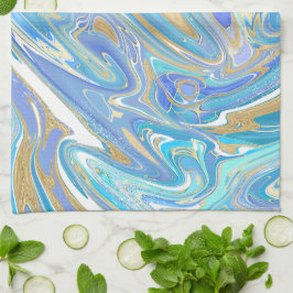 Pearlescent Aqua & Gold Liquid Marble Theedoek