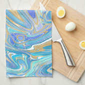 Pearlescent Aqua & Gold Liquid Marble Theedoek (Quarter Fold)
