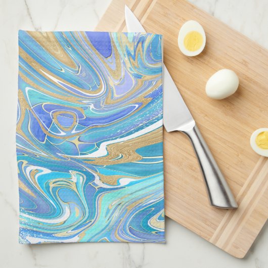Pearlescent Aqua & Gold Liquid Marble Theedoek (Quarter Fold)