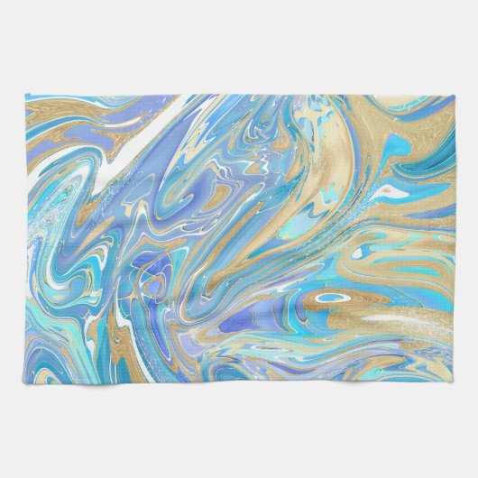 Pearlescent Aqua & Gold Liquid Marble Theedoek (Horizontaal)