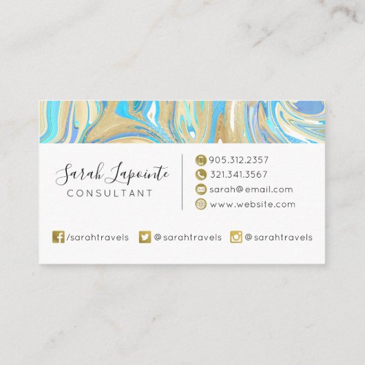 Pearlescent Aqua & Gold Liquid Marble Visitekaartje (Achterkant)