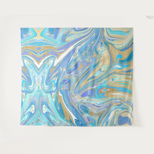 Pearlescent Aqua & Gold Liquid Marble Wandkleed (Voorkant (horizontaal))