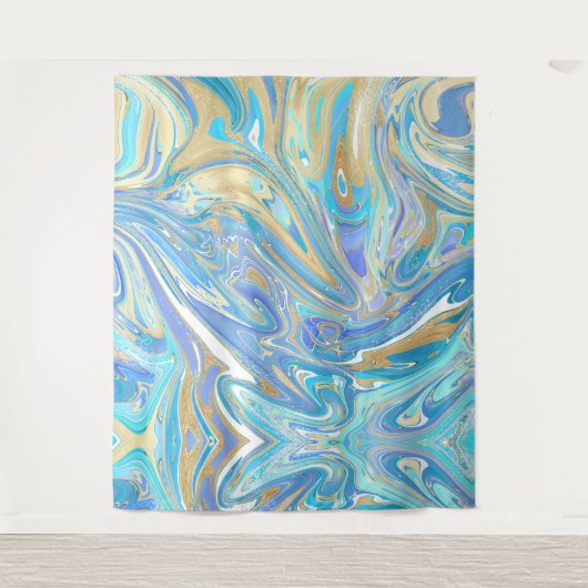 Pearlescent Aqua & Gold Liquid Marble Wandkleed (Voorkant)