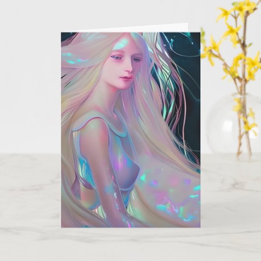 Pearlescent Fantasy AI Art  Etherische Vrouw Kaart (Gele Bloem)